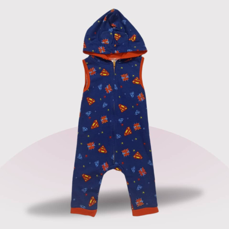 Baby Jumpsuit Sleeveless Hoodie With Round Neck T-Shirt, Fashion Cartoon Print, Red & Blue Colour