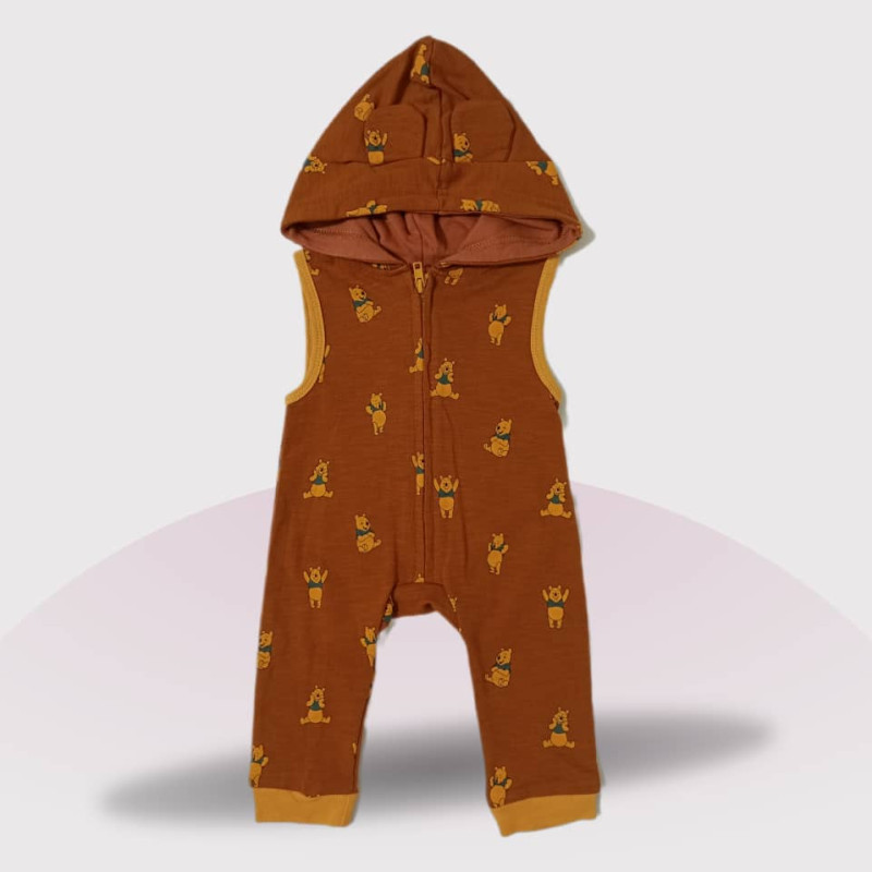 Baby Jumpsuit Sleeveless Hoodie With Round Neck T-Shirt, Fashion Cartoon Print, Light Brown