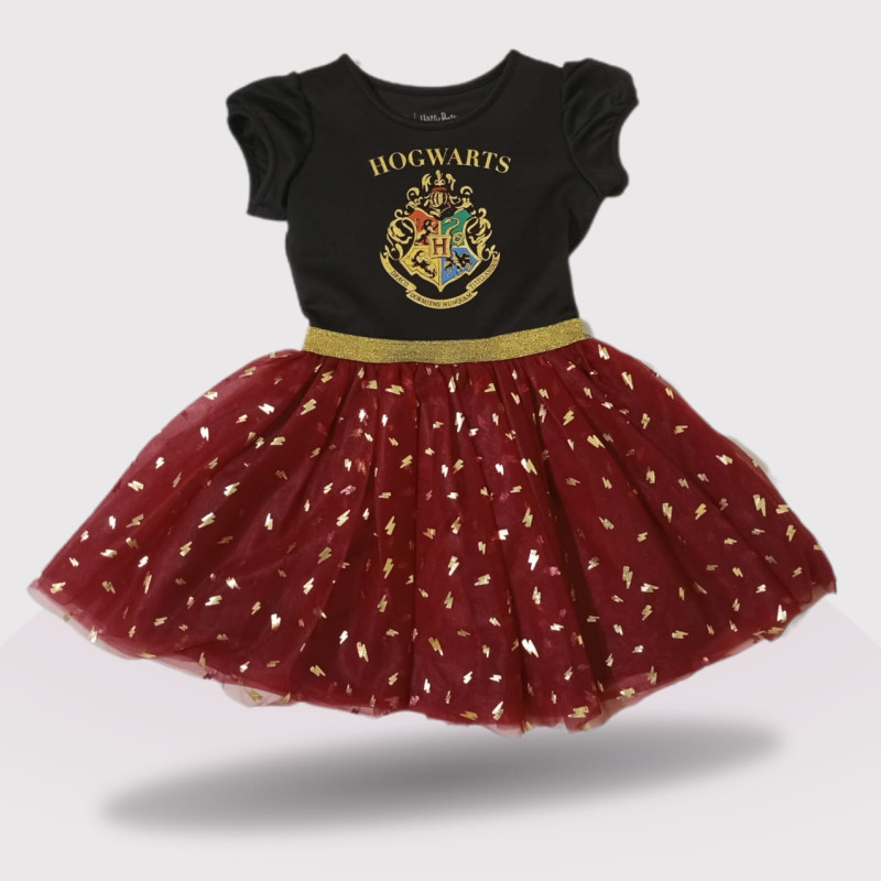 Ruffle Tulle Sleeve Dress Up Dress, Fashion Print, Black, Maroon and Gold Colour