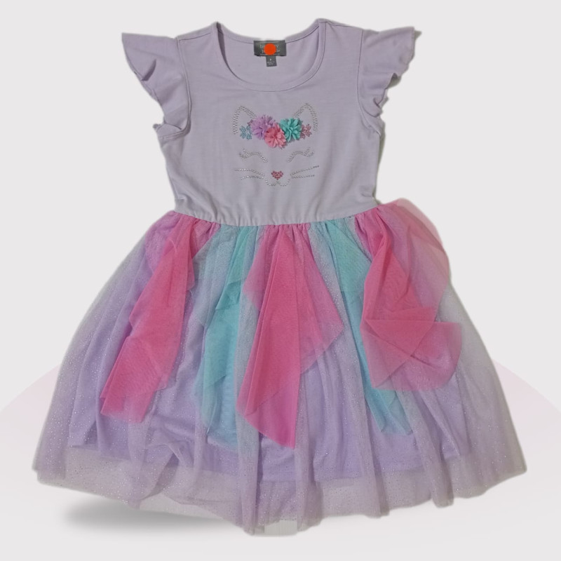 Ruffle Tulle Sleeve Dress Up Tutu Dress, Fashion Print, Purple & Pink Colour